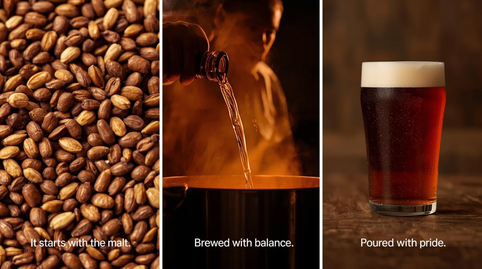 Three aligned images: Close-up of roasted barley and caramel malt grains in warm light Brewer pouring wort into kettle with amber glow Finished pint of Irish Red Ale on a wooden bar