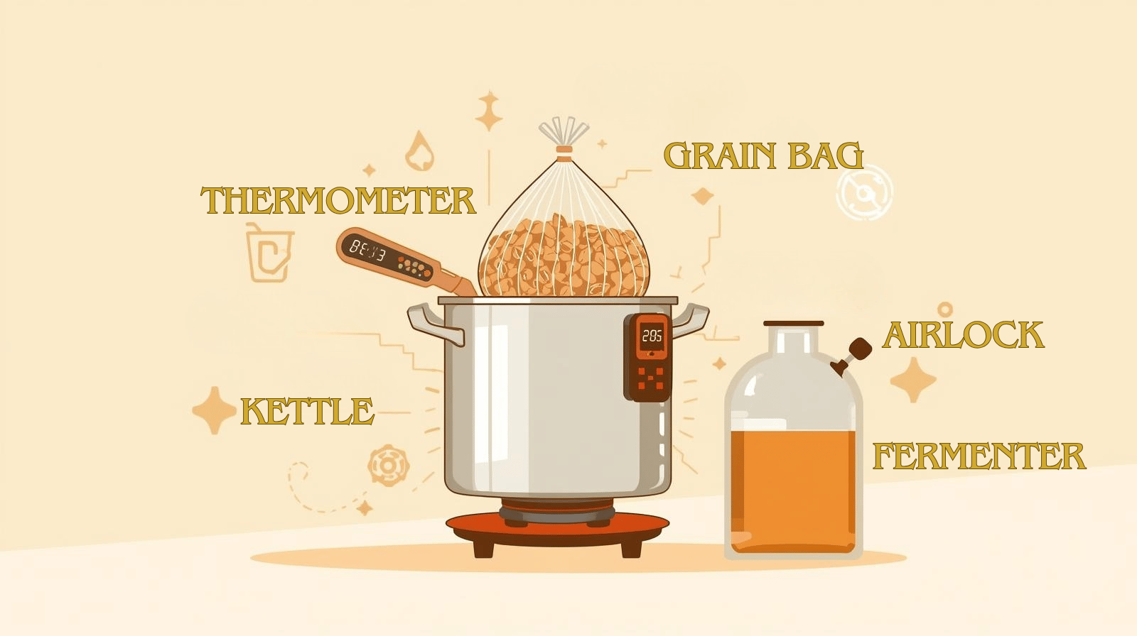 Flat illustration of a BIAB setup: single kettle on a burner, mesh bag inside, digital thermometer clipped, and fermenter waiting nearby