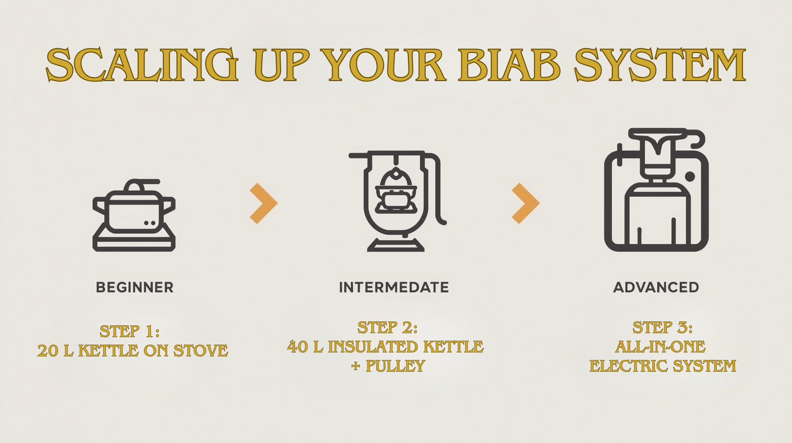 Step infographic showing small → medium → advanced BIAB setups. Step 1: 20 L kettle on stove (Beginner) Step 2: 40 L insulated kettle + pulley (Intermediate) Step 3: All-in-one electric system (Advanced)