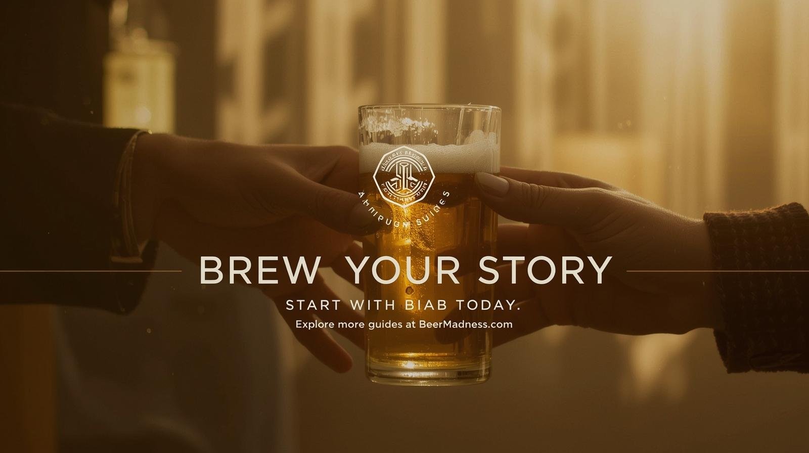 Full-width banner: two hands holding a pint of golden beer, backlit with sunlight. Text overlay: ‘Brew Your Story — Start with BIAB Today.