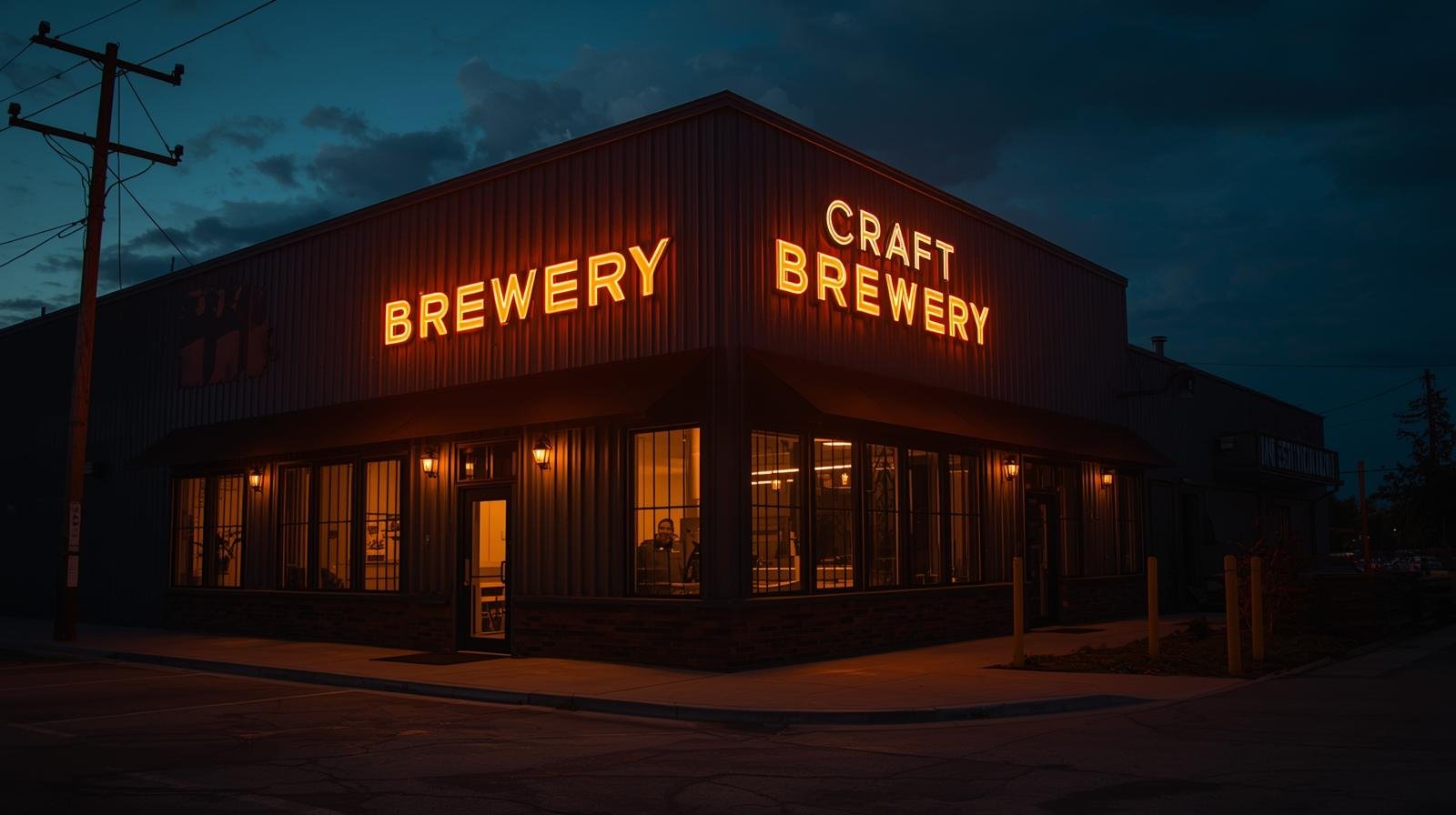 Modern craft brewery exterior at dusk with warm neon signage