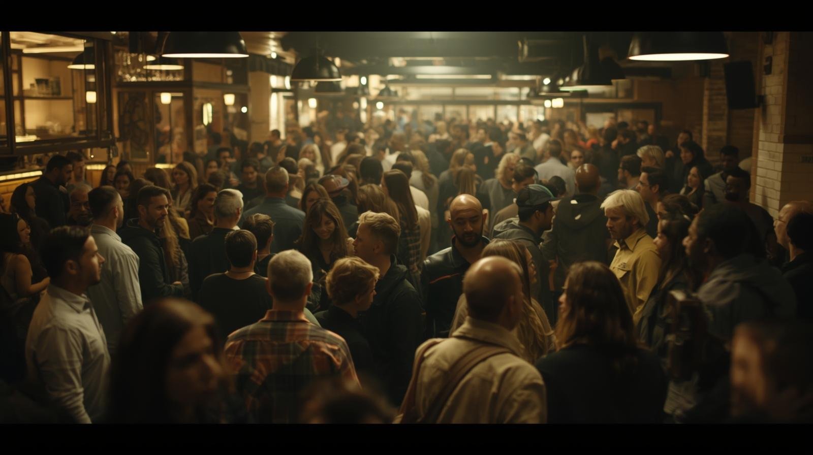 Modern taproom with a lively crowd and craft beers on tables