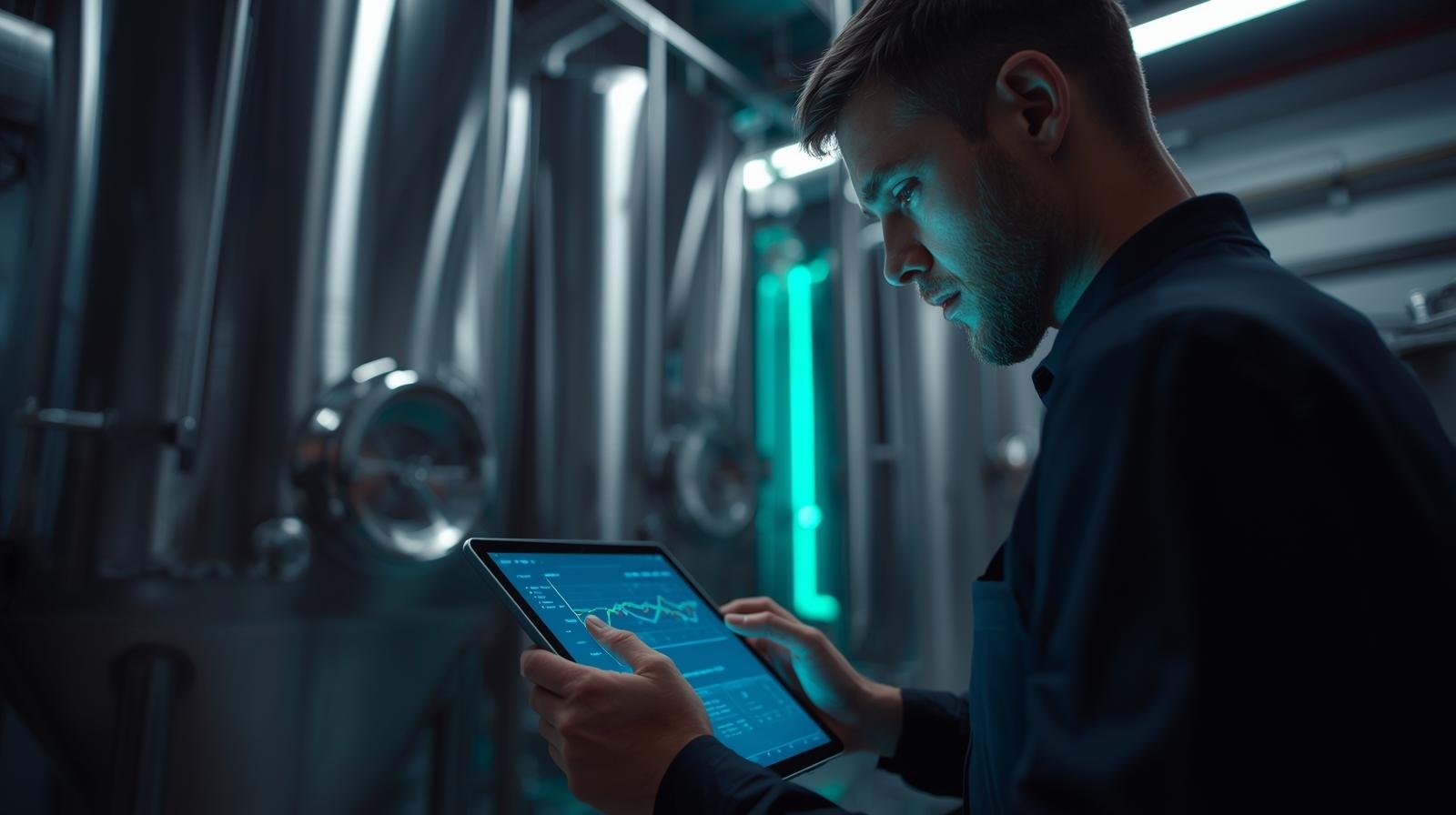 Brewer reviewing fermentation data on a tablet inside a modern brewery