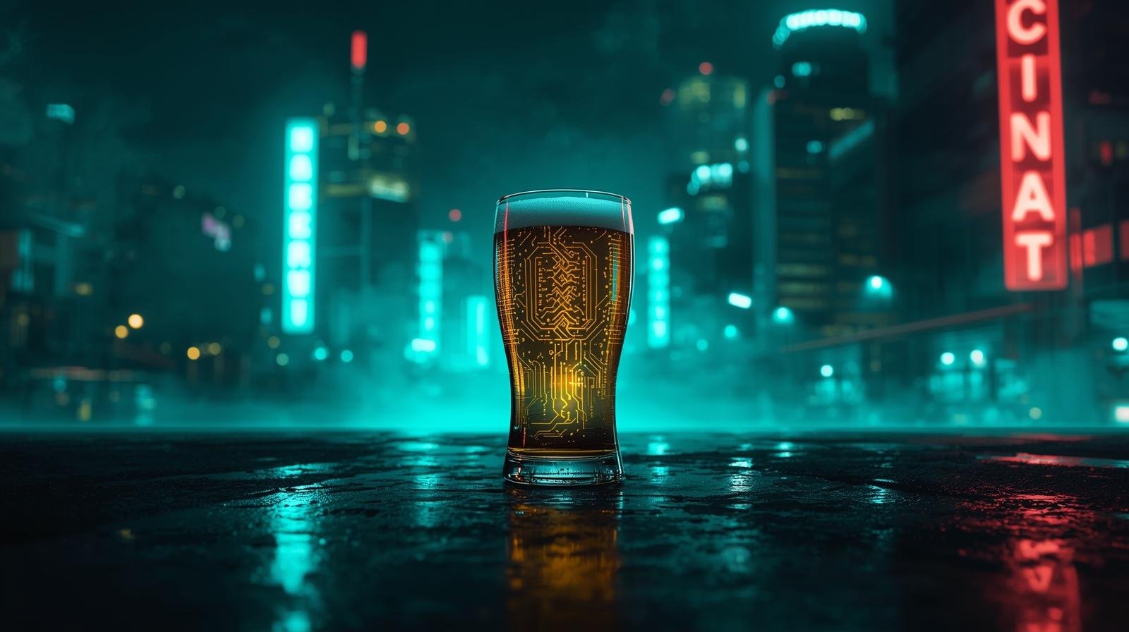 Craft beer glass glowing under neon light in a modern city night scene