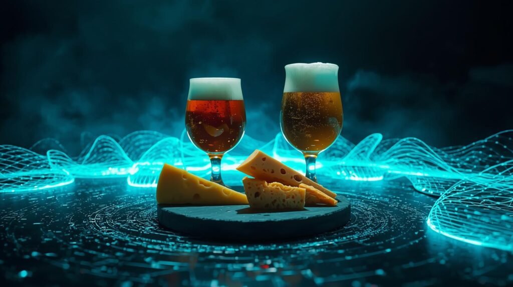 Collage showing four classic beer and cheese pairings in golden-hour light: IPA and cheddar, stout and blue, saison and brie, amber and gouda.