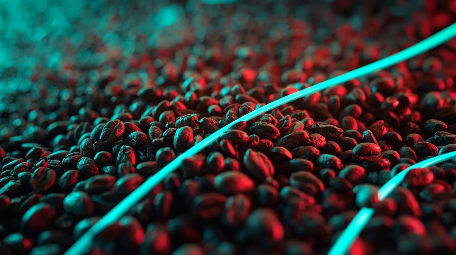 Roasted malt grains with neon tech accents in macro detail.