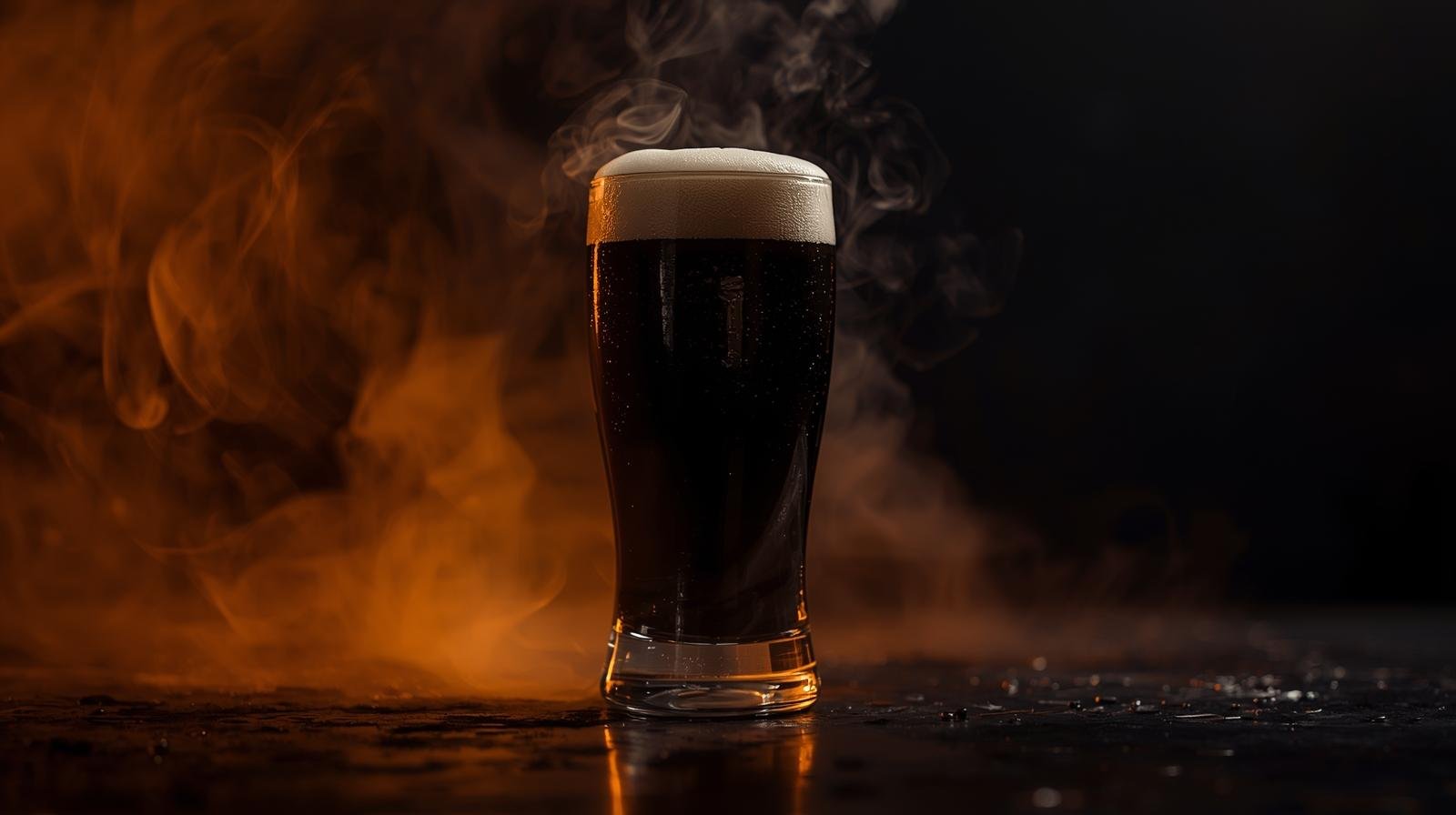 Chili with imperial stout, steam rising, rustic-tech lighting.