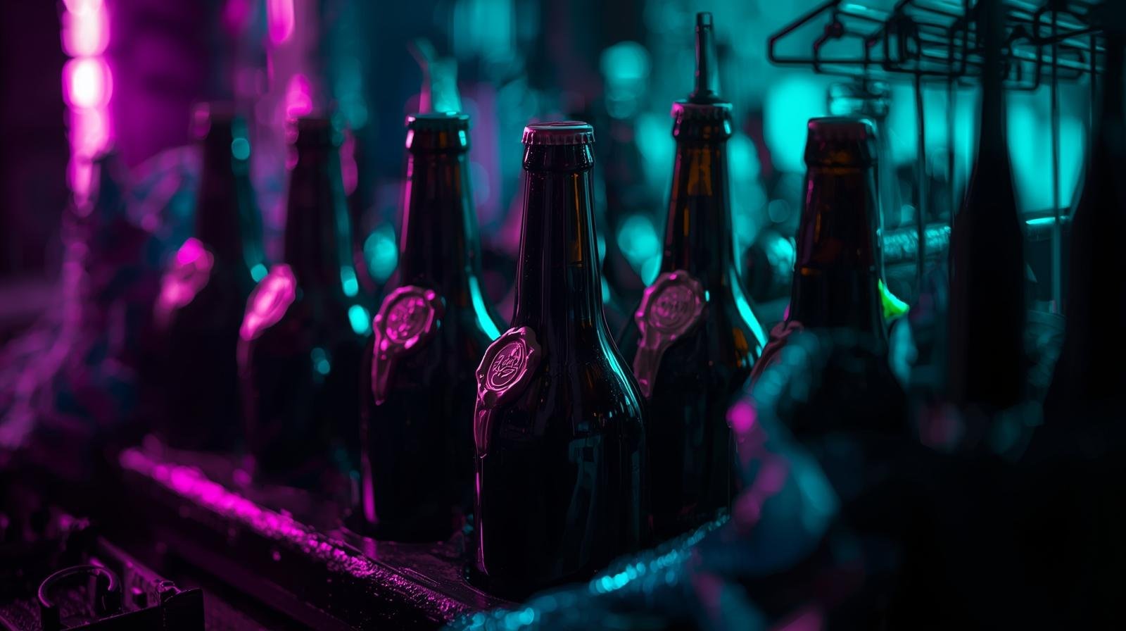 A curated shelf of winter dark beers with wax seals and moody neon lighting.