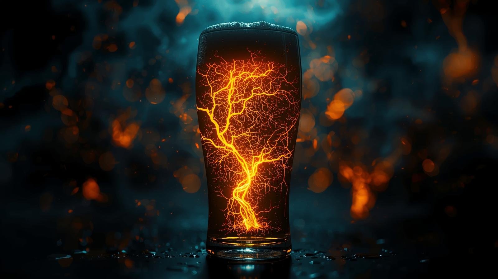 Neon neural network graphic blended inside the silhouette of a beer glass.