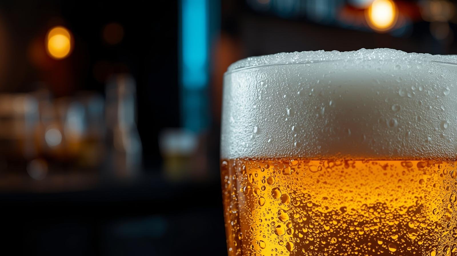 Close-up of fine carbonation and foam structure in a crisp pilsner