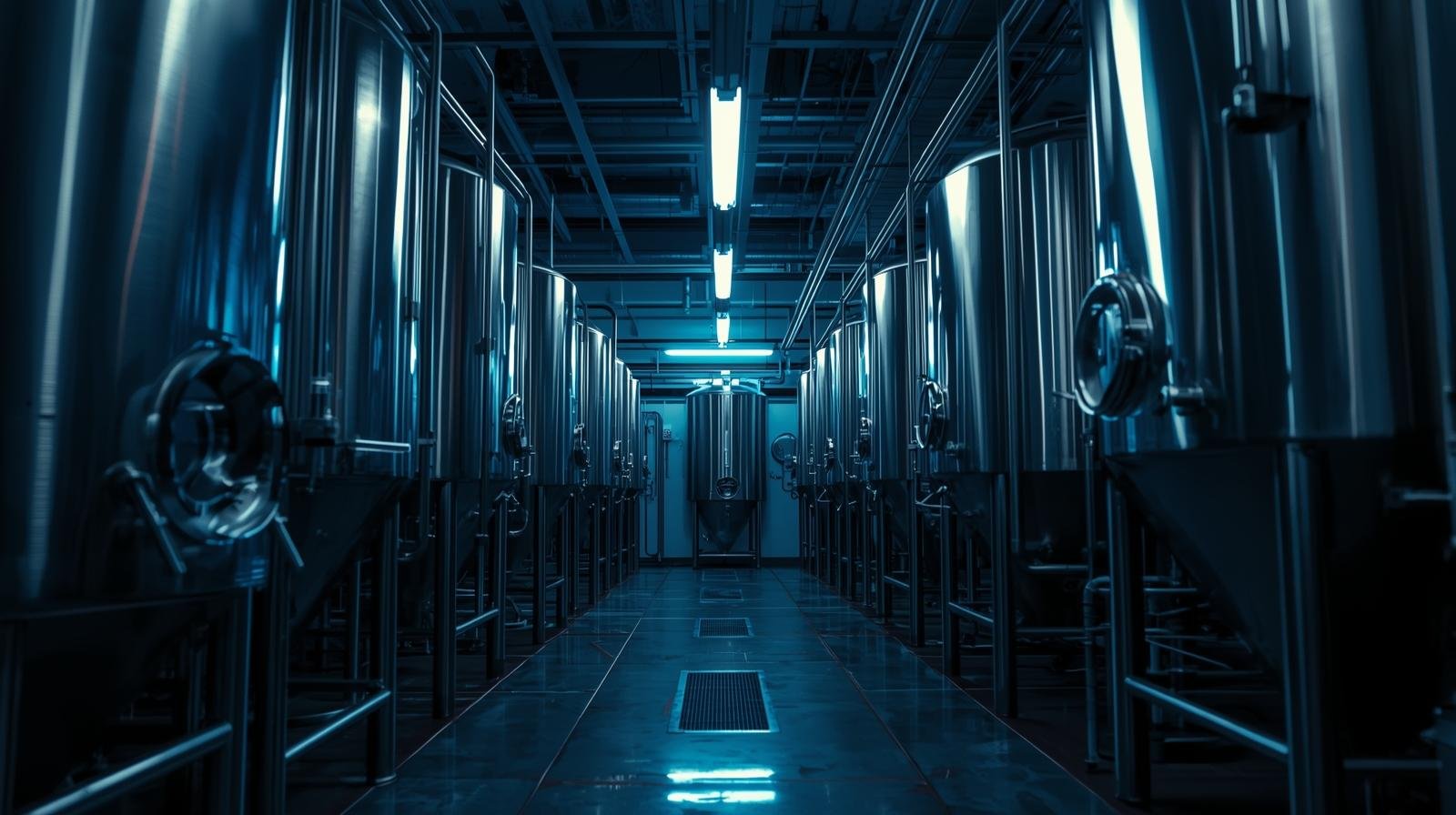 Modern brewery fermentation tanks under low neon lighting