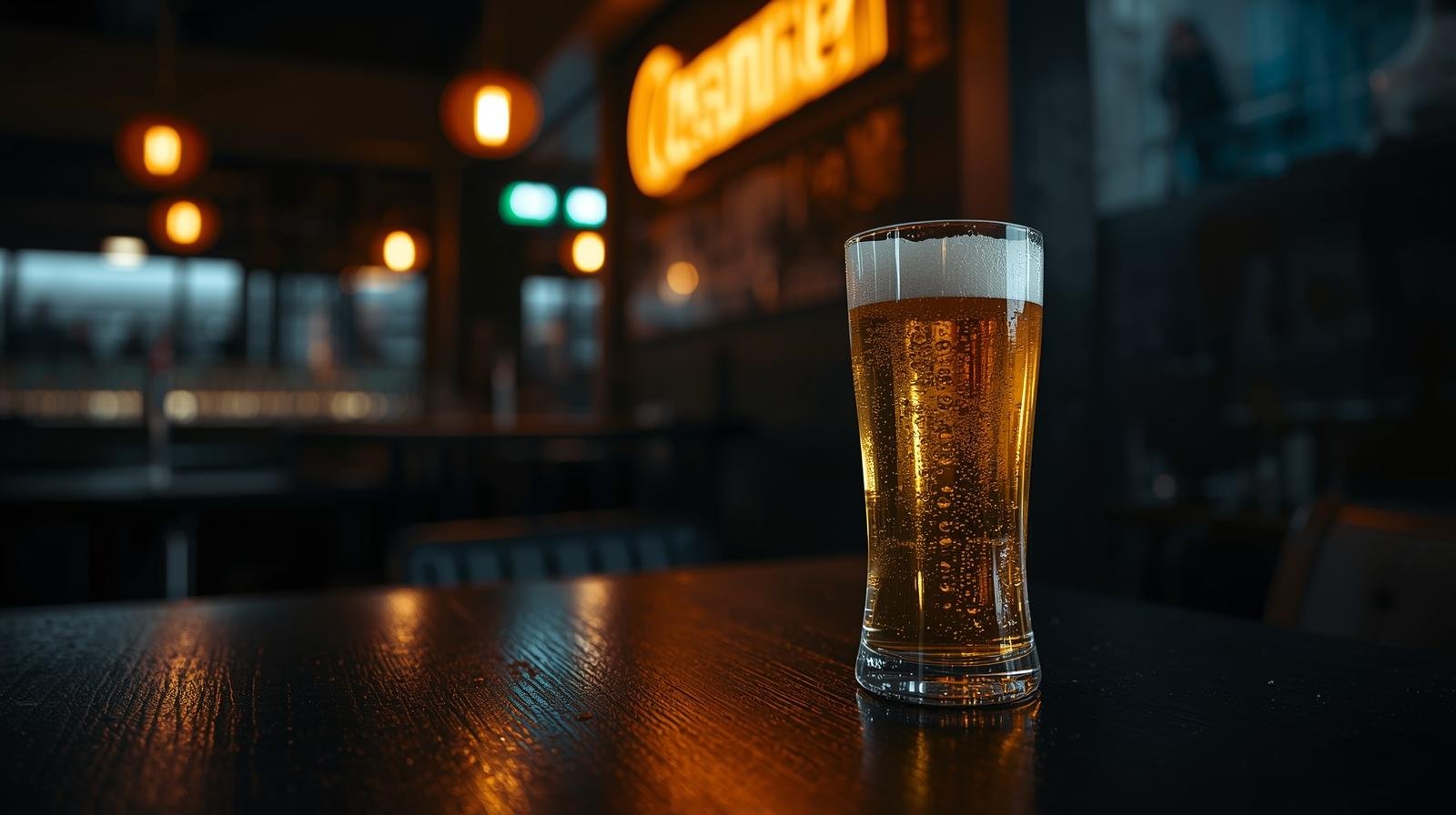 Pilsner beer served cold in a modern urban bar at night