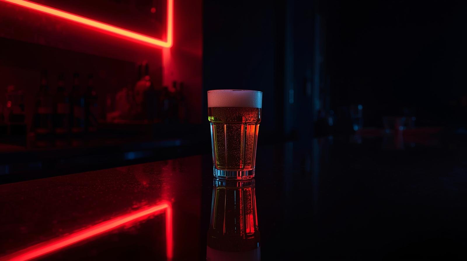 Pilsner glass under neon light in a quiet urban night setting