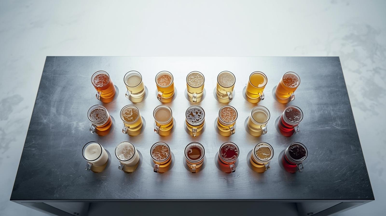Beer and food flavor matrix arranged on a laboratory-style stainless steel table.