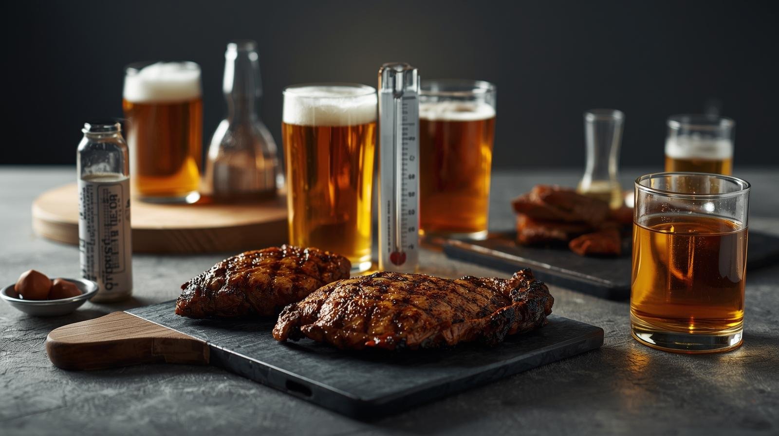 Grilled meats paired with craft beers in a laboratory-style presentation.