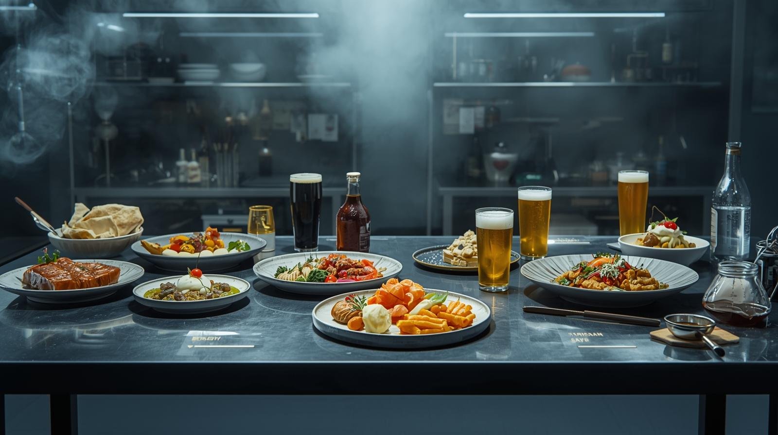 Global cuisine dishes paired with craft beers in a laboratory-style setup.