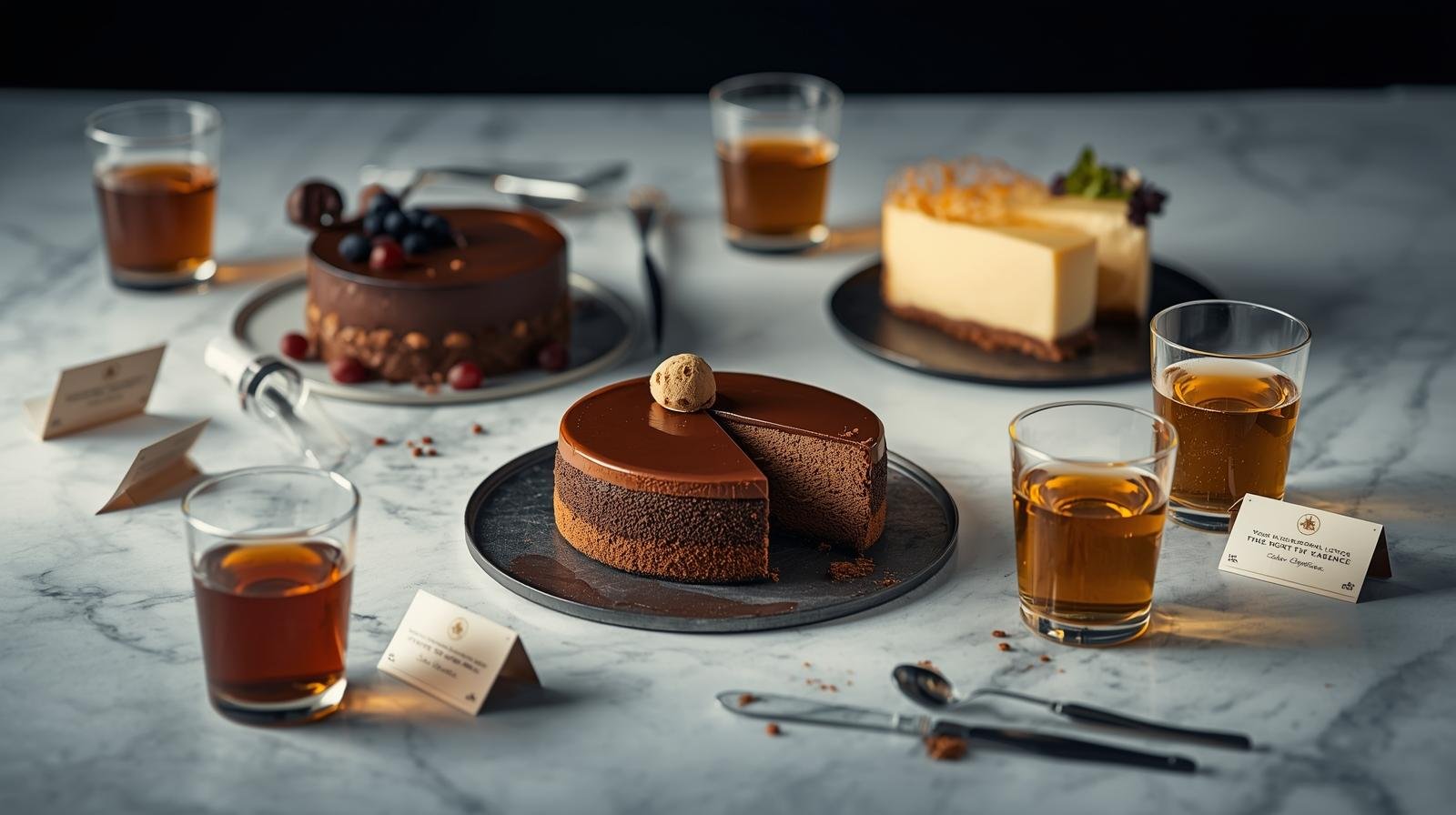 Dessert and stout pairing displayed in a clean laboratory-style setting.