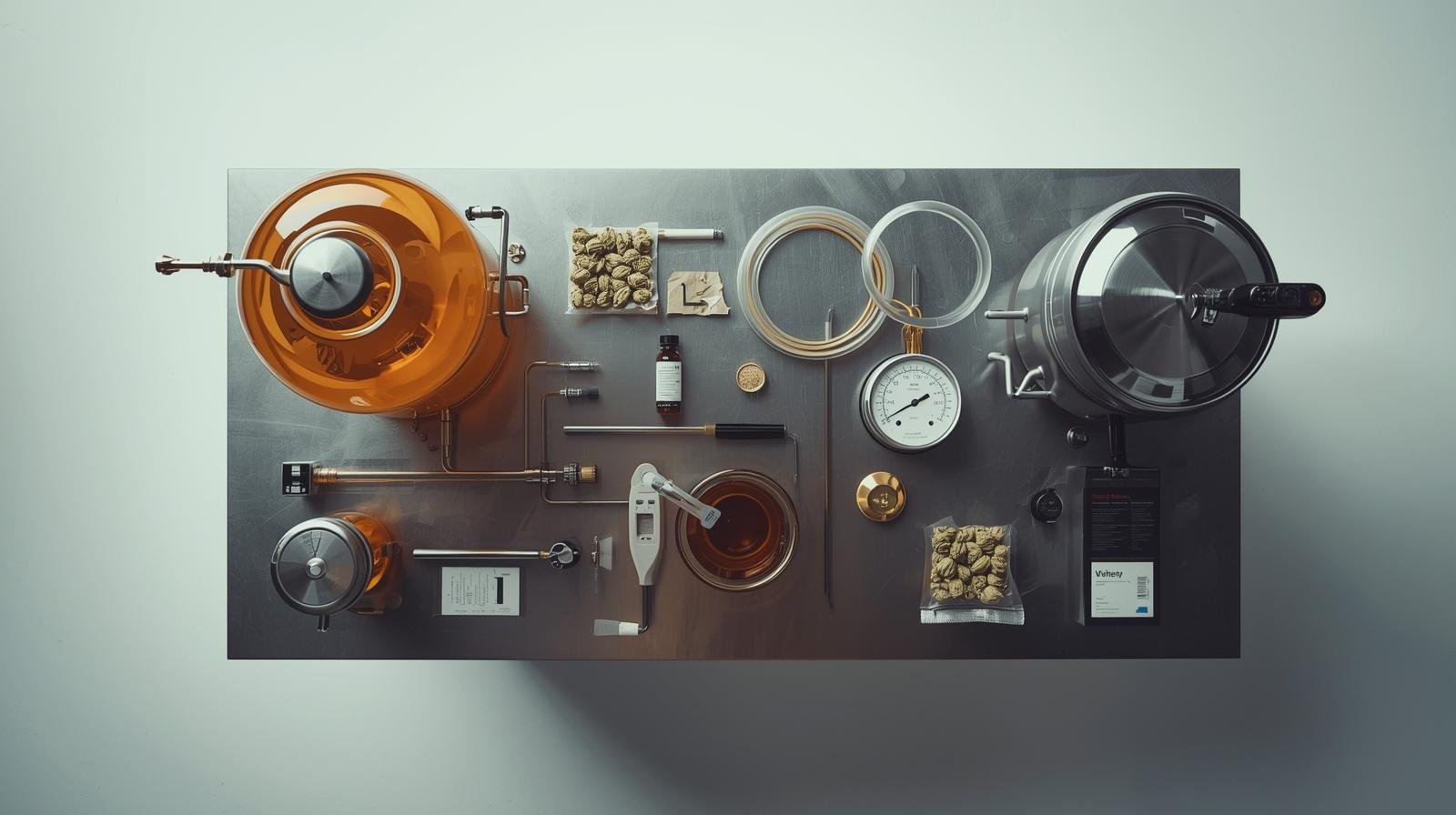 Homebrewing kit components displayed in organized laboratory-style flat lay.