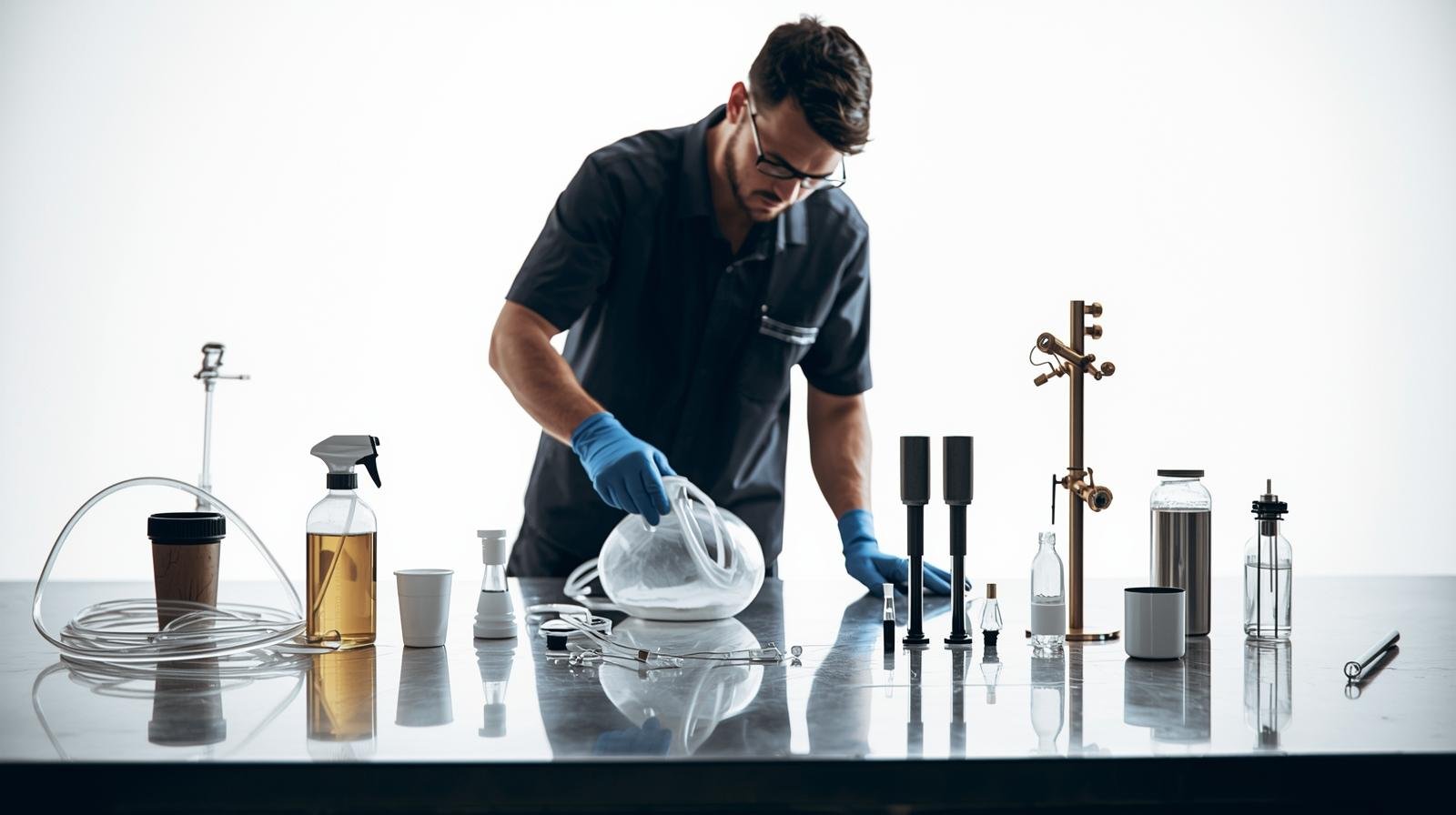 Homebrewer sanitizing equipment before brewing in clean laboratory-style setup.