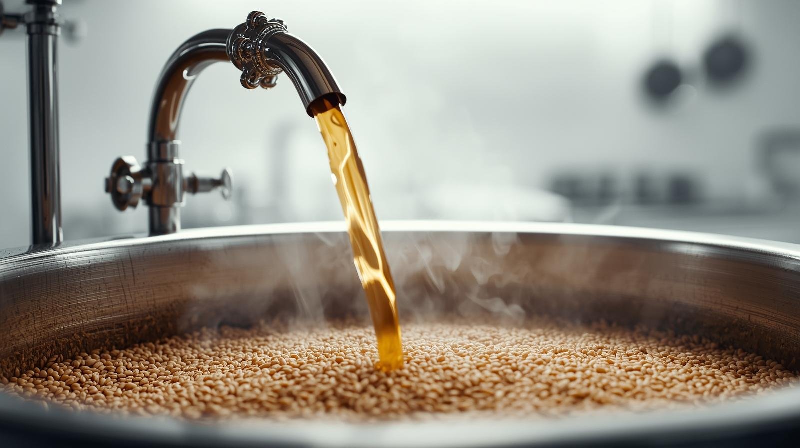 Homebrewing mash recirculation process inside stainless steel kettle.