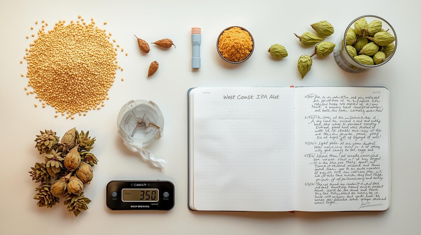 Ingredients used to brew a perfect West Coast IPA at home.