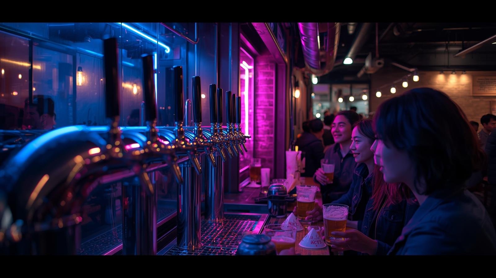 Tokyo craft beer taproom interior with neon-lit taps