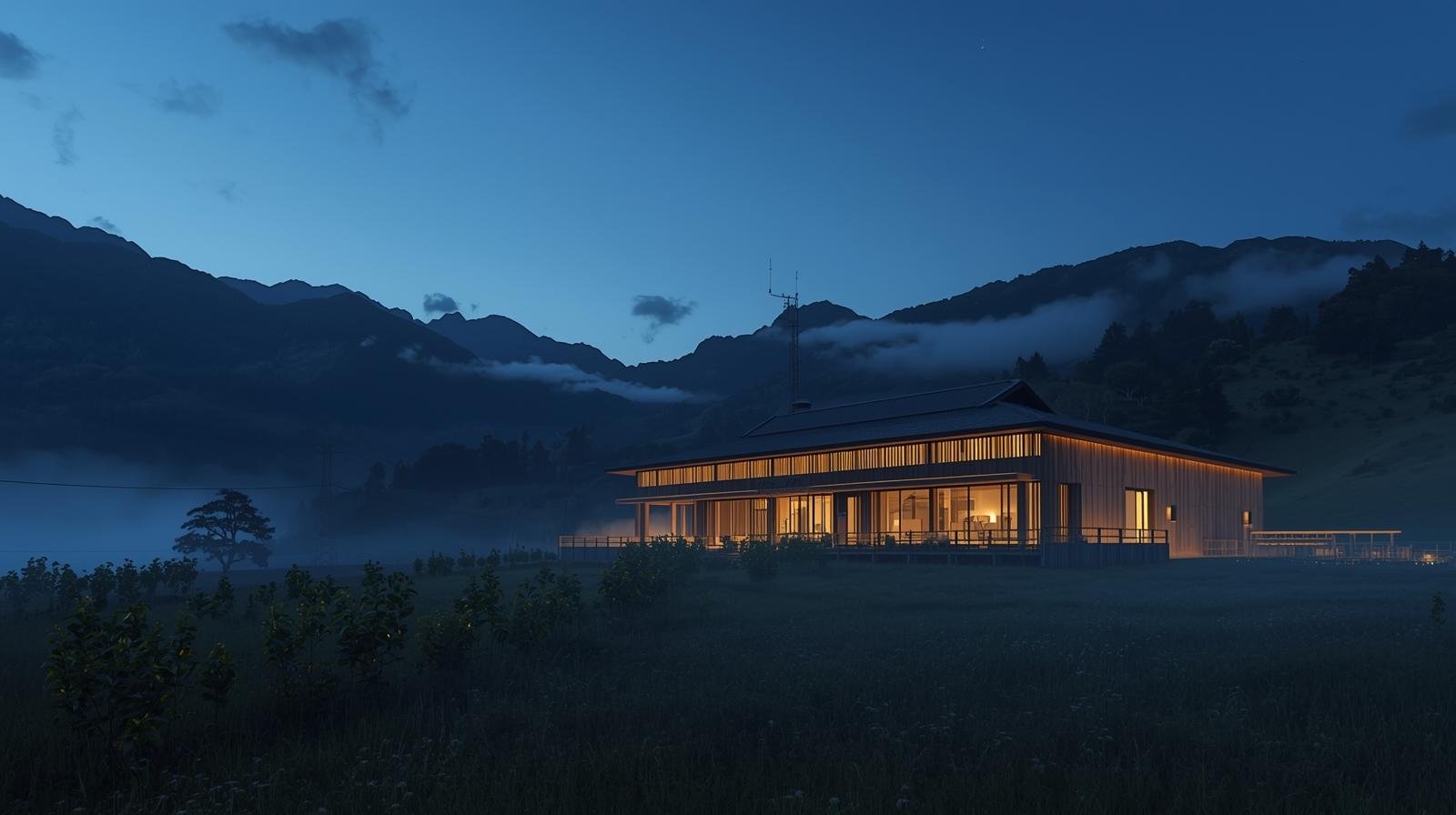 Japanese regional craft brewery at dusk in mountain landscape