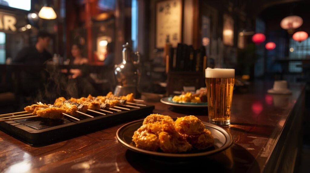 Izakaya table with craft beer and yakitori skewers