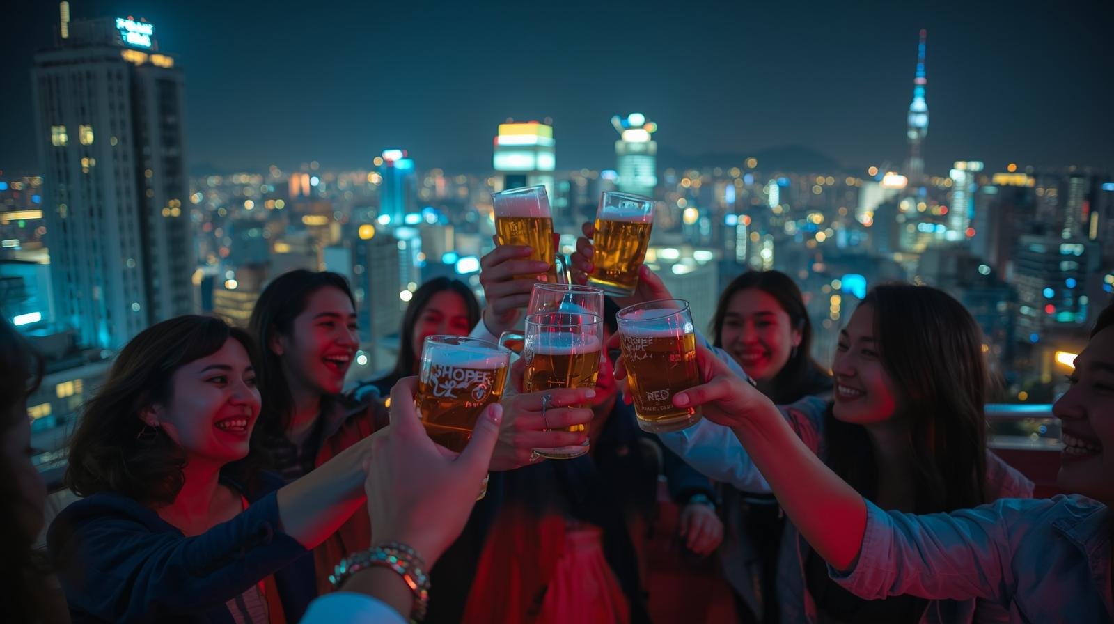 Friends toasting Japanese craft beer with Tokyo skyline at night
