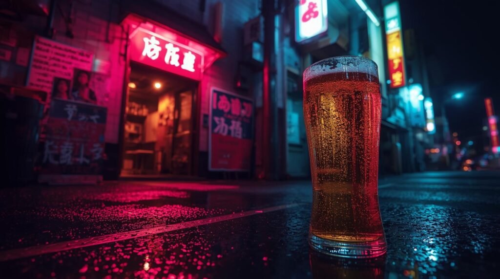 Tokyo neon alley with Japan craft beer bar entrance glowing at night