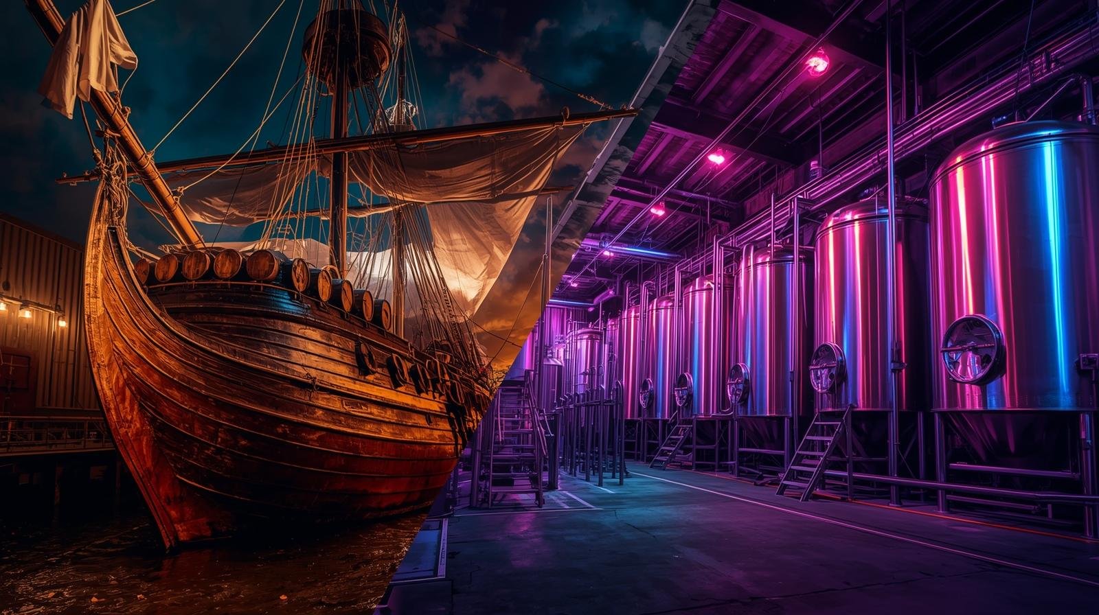 Contrast between historic beer shipping and modern UK brewery