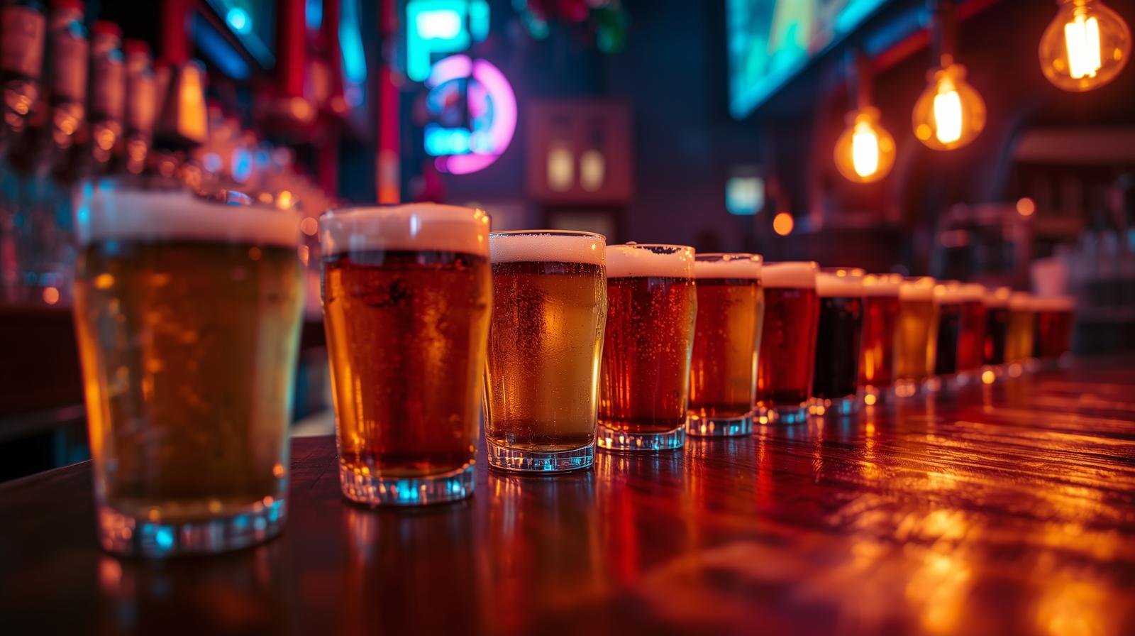 Lineup of different UK IPAs under neon brewery lighting