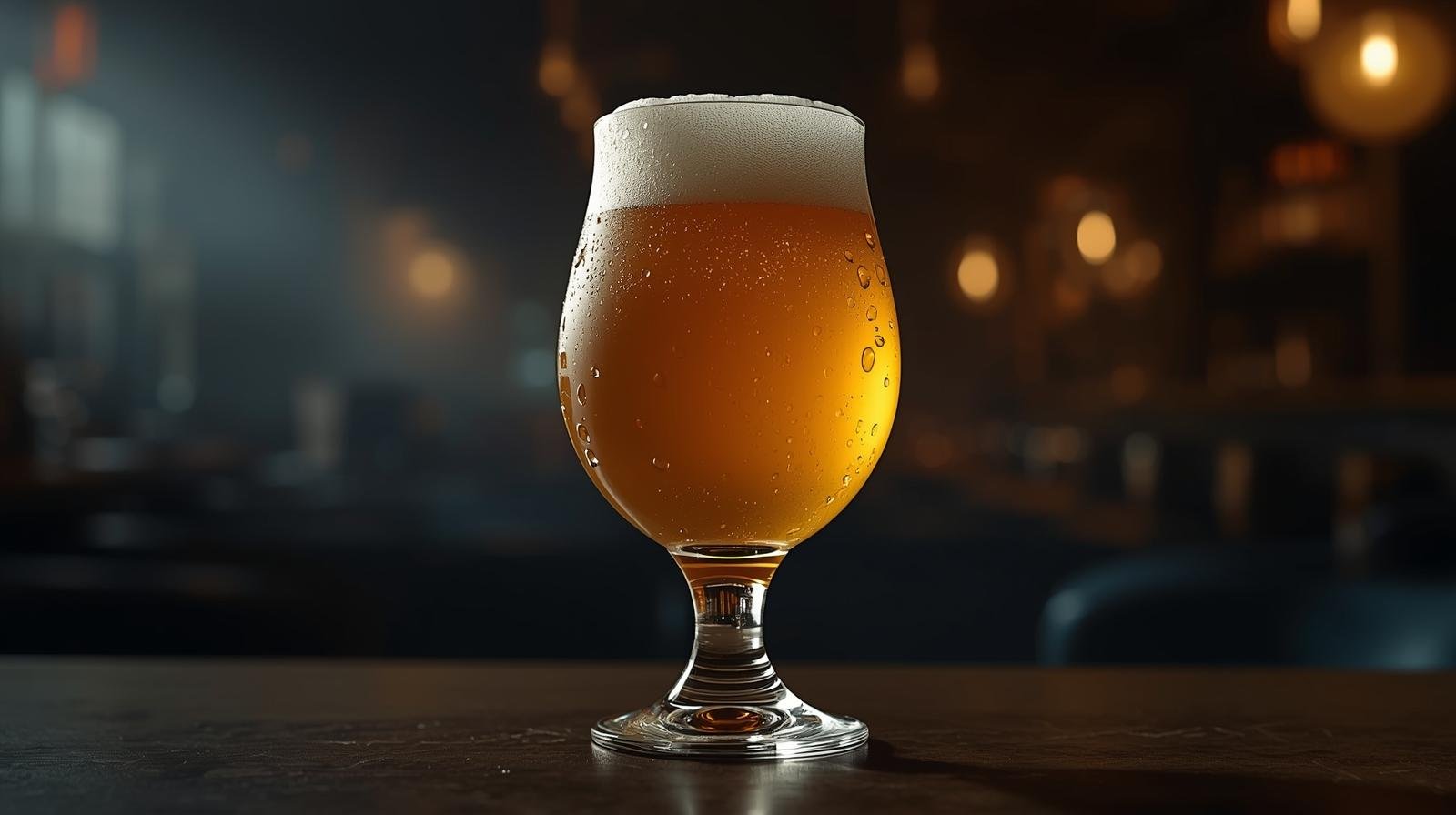 Tulip glass enhancing aroma of IPA under dim lighting