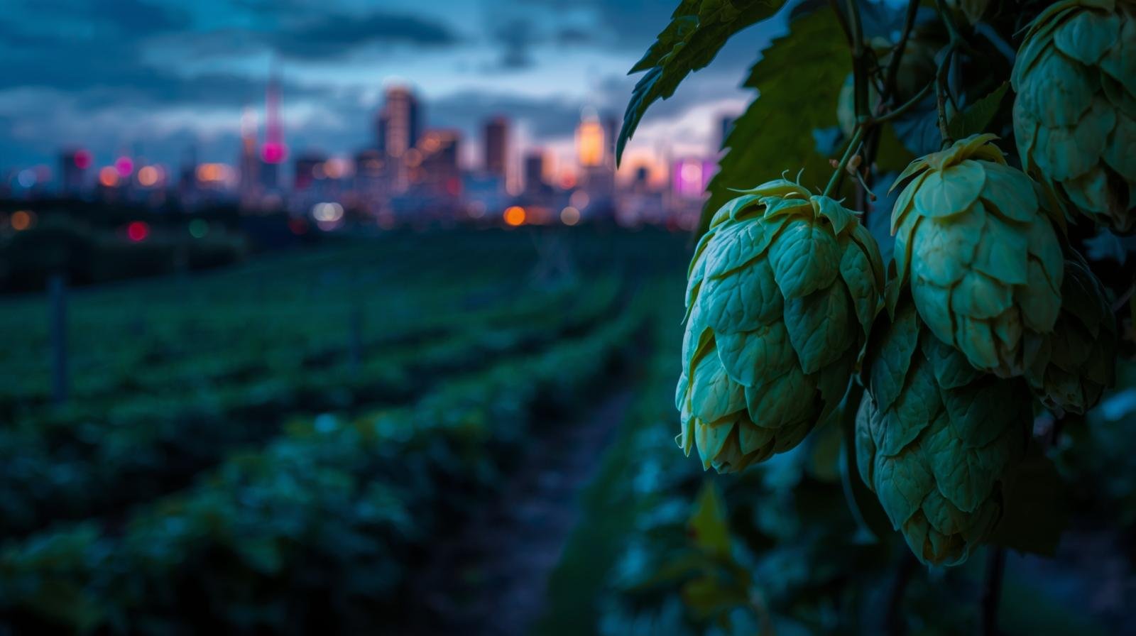 British hop cones at dusk representing sustainable brewing