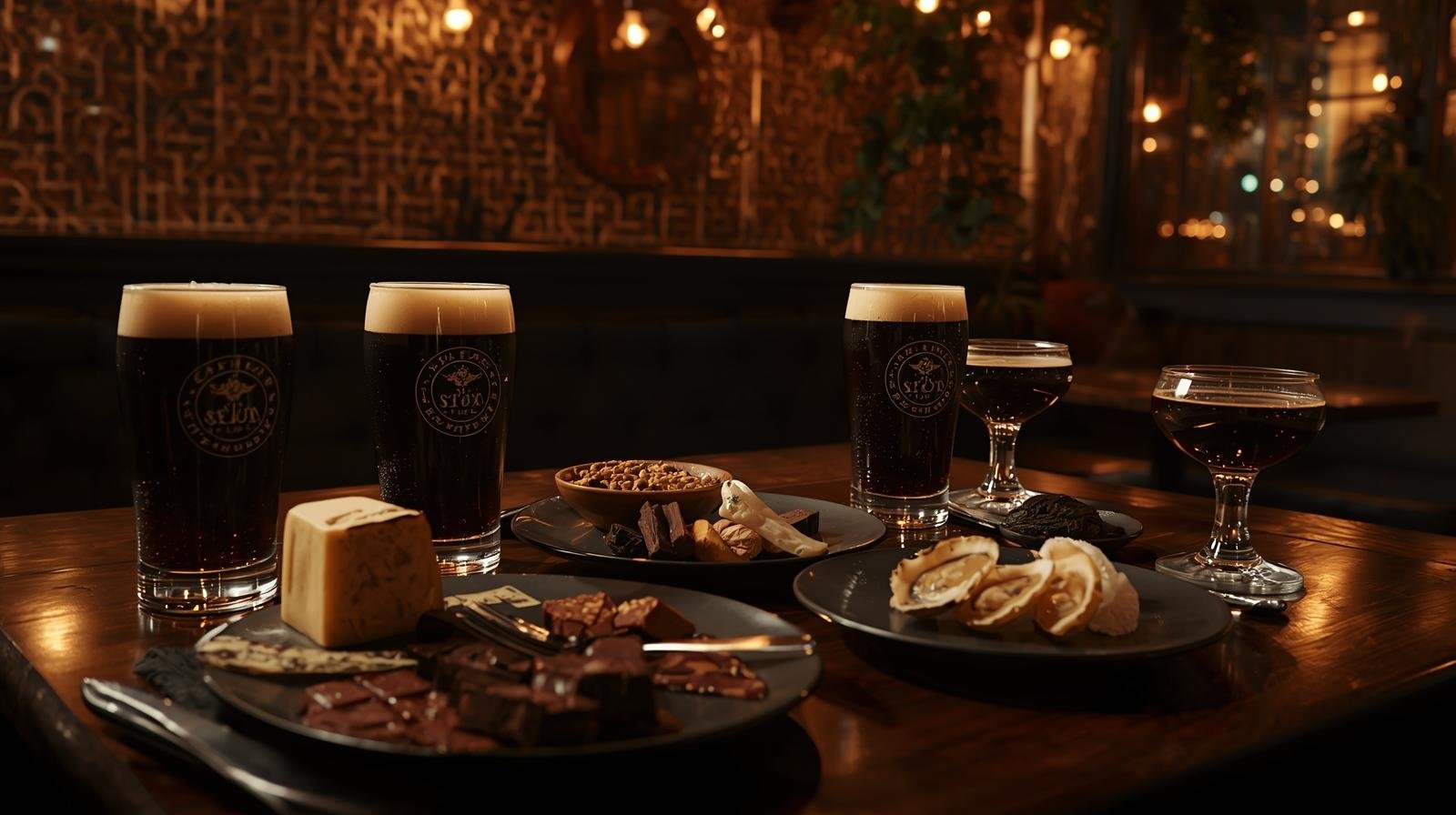 Selection of stout beers paired with cheese, oysters, and chocolate desserts, illustrating classic food pairings for dark beers.