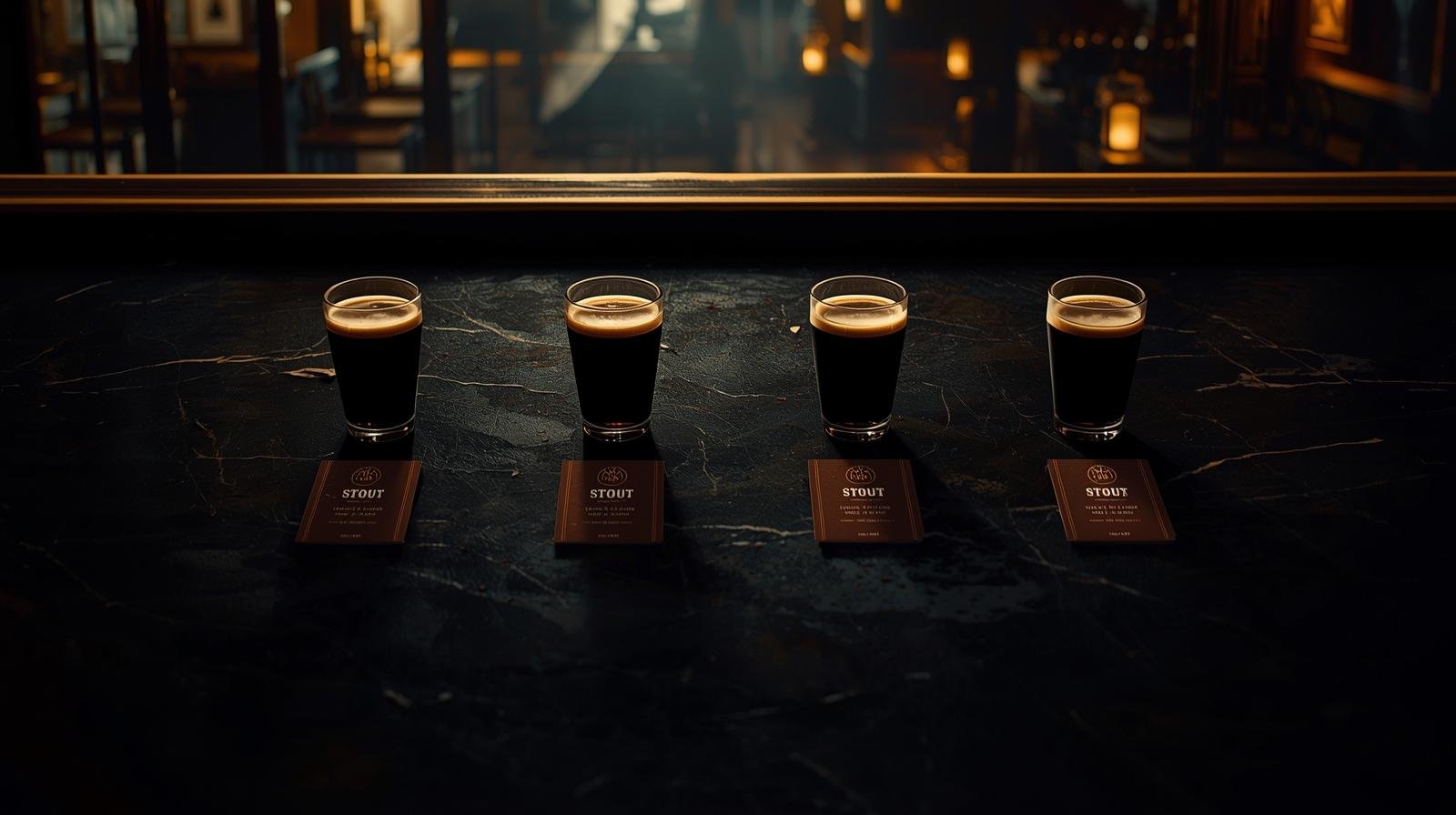 Different styles of stout beer displayed side by side, including dry stout, milk stout, nitro stout, and imperial stout
