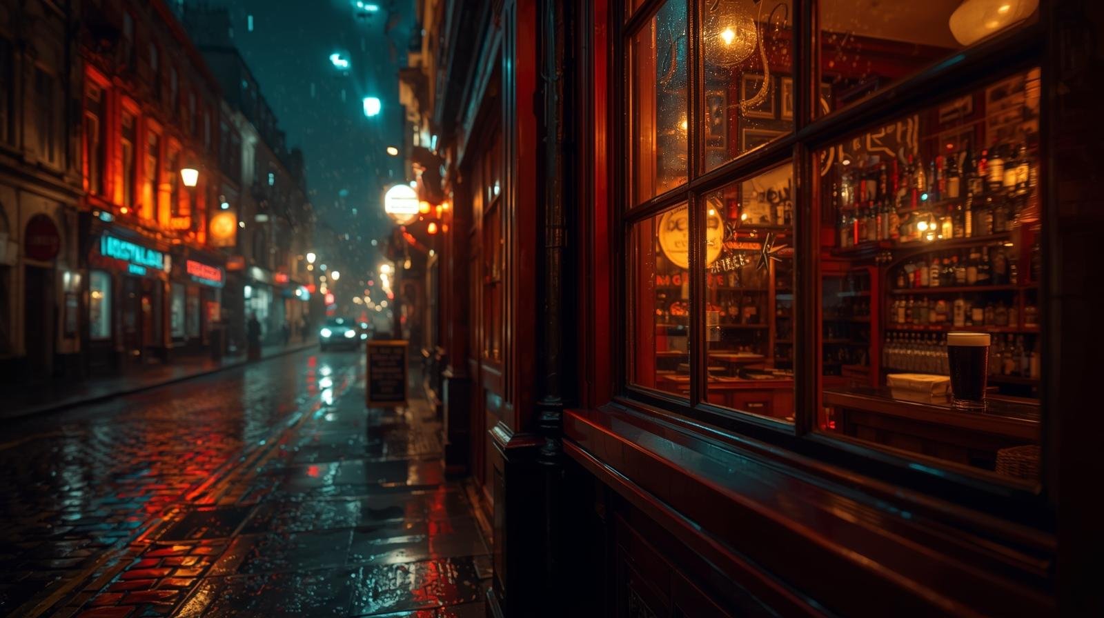 London street scene at night featuring a row of pubs and glowing beer signage. Reflections shimmer on rain-soaked cobblestones. A single pub window reveals the faint silhouette of a stout beer pint on the bar. Warm, cinematic, grounded realism.